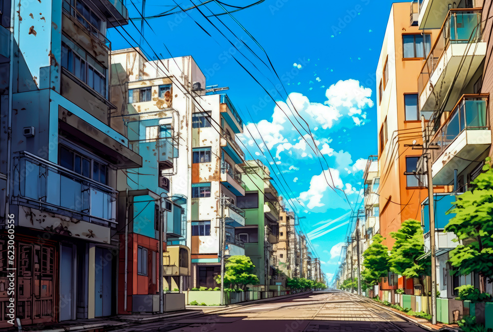 Naklejka premium an anime inspired street, typical japan city