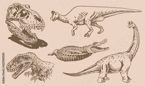 Graphical vintage set of dinosaurs on sepia background,vector illustration,tattoo  designs.