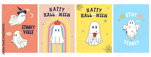 Set of postcards or posters with cute ghosts. Vector graphics.