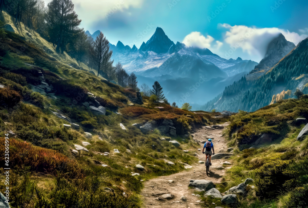 a rides his mountain bike along a rough way in mountains