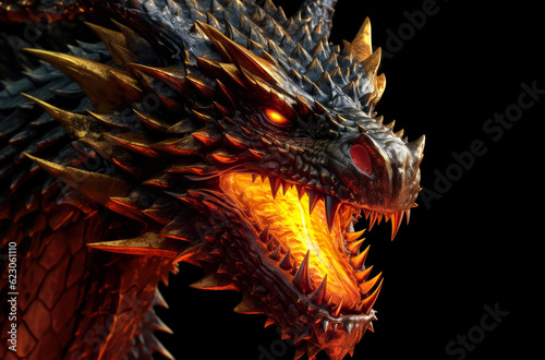 Epic scene of a dragon about to blow fire from its mouth, close-up and black background
