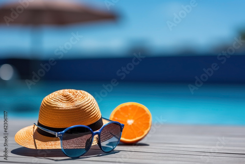 Straw hat, sunglasses and fruit on the beach. Summer background. Ai generated