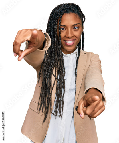 African american woman wearing business jacket pointing to you and the camera with fingers, smiling positive and cheerful