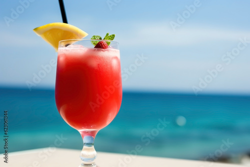 Fresh juice cocktail on the beach. Vacation background. Ai generated