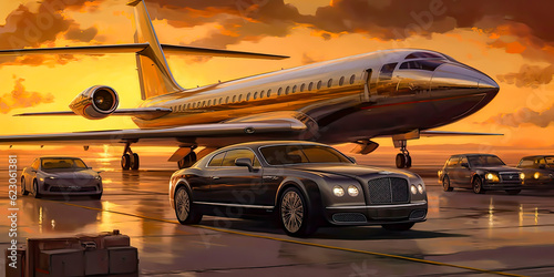Luxury airliner with a private jet and luxury car at the airport at Sunset