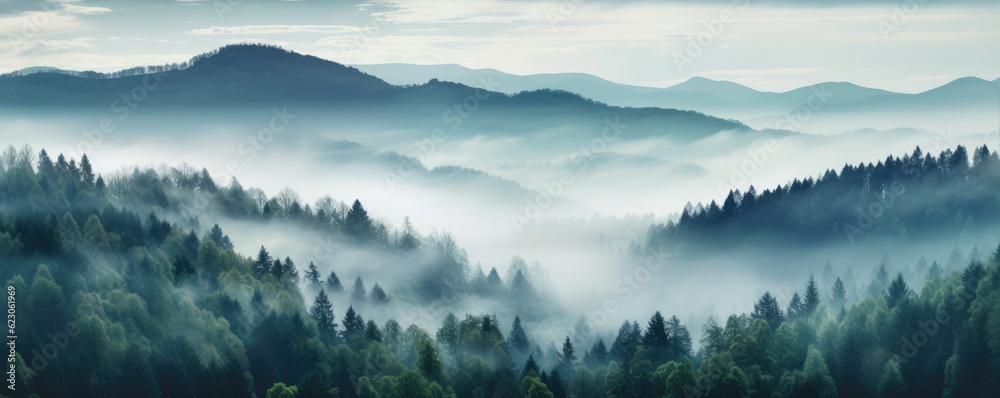 Fototapeta premium Misty foggy mountain with green forest and copyspace for your text.
