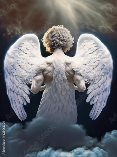 In a somber environment, the disillusioned angelic figure turns its back, with wings sprouting as if wounded, reflecting a sense of sorrow and disappointment. Create with Generative AI technology. (ID: 623062326)
