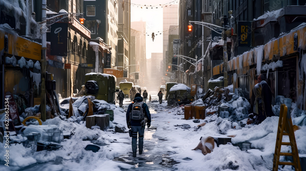 People are in the street full of snow, in a post-apocalyptic future