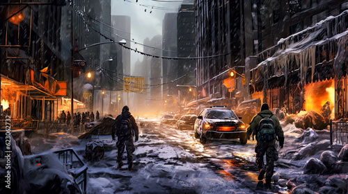 People are in the street full of snow  in a post-apocalyptic future