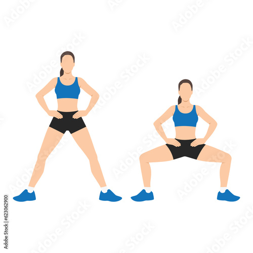 Woman doign Wide squats or sumo squat exercise. Workout for the buttocks and hips. Flat vector illustration isolated on white background