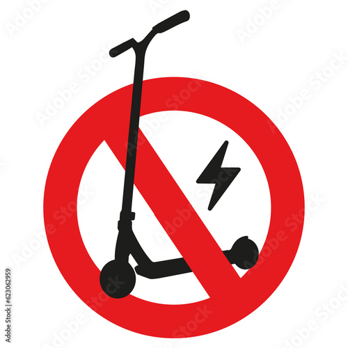Forbidden round sign with red circle and an electric scooter. Prohibits the charging of electric vehicles. (ID: 623062959)