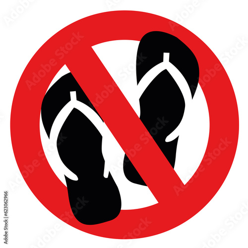 Forbidden round sign with red circle and flip flops. Prohibits any kind of slippers in the area. (ID: 623062966)