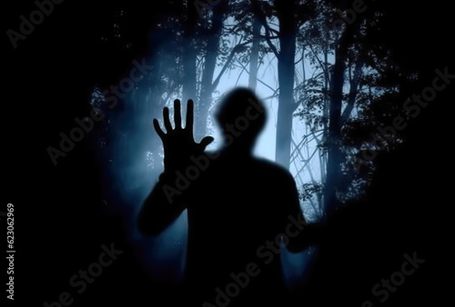 scary scene of a person placing their open hands in front, silhouette, dark background © VicenSanh