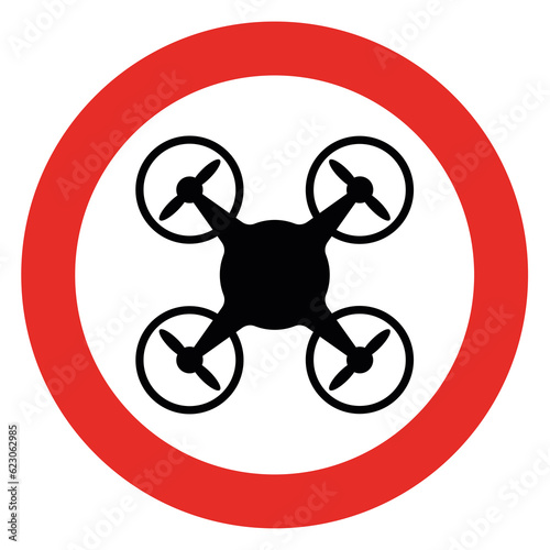 Drone forbidden sign. Round signage of a quadcopter, black and red, indicating that the area proihibits flying (ID: 623062985)