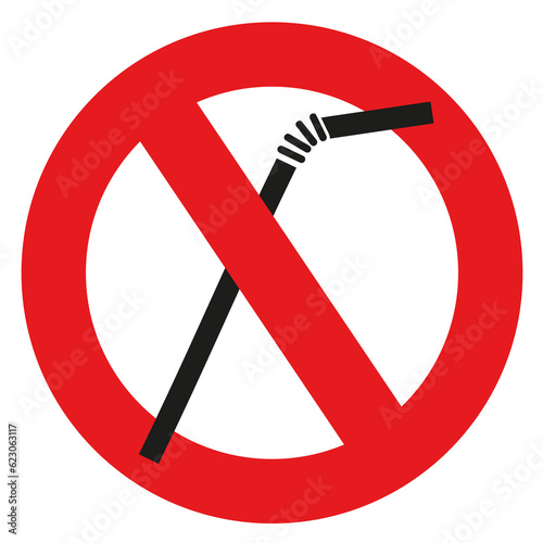 Forbidden round sign with red circle and a straw. Prohibits or informs that there is no straws being used. (ID: 623063117)