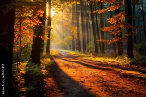 autumn forest nature Bright morning in a colorful forest with sunlight shining through the branches of trees. natural scenery with sunlight