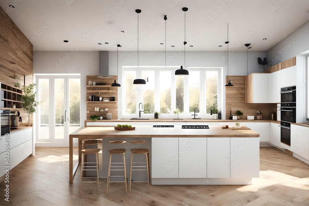 Step into the modern Nordic kitchen of a loft apartment through this stunning 3D rendering. Ai generated Step into the modern Nordic kitchen of a loft apartment through this stunning 3D rendering. Ai generated