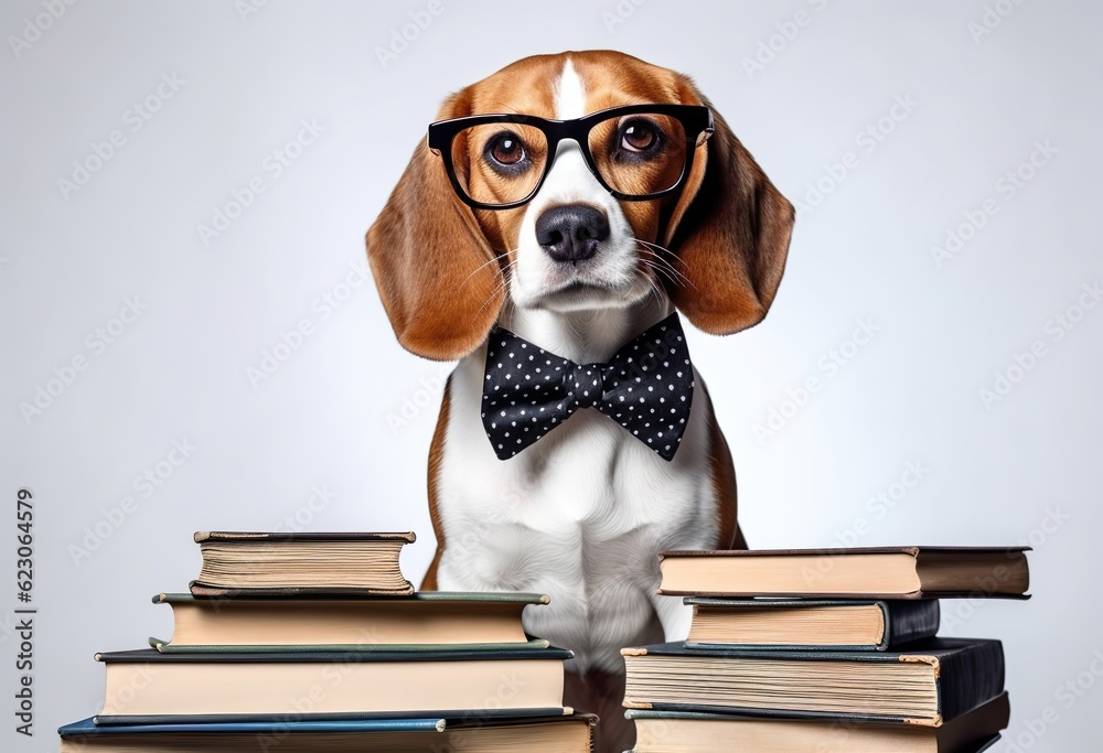 A beagle dog in a bow tie and glasses