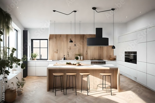 Step into the modern Nordic kitchen of a loft apartment through this stunning 3D rendering. Ai generated