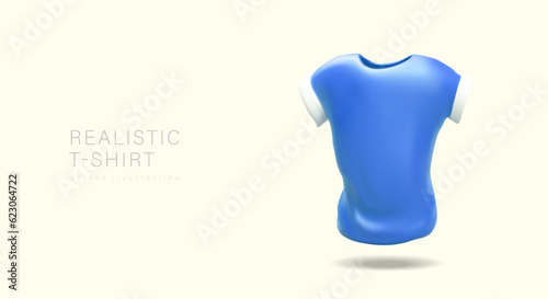 3D blue t shirt with blank front. Color vector image of modern clothes. Illustration with reflections and shadows. Horizontal concept for sportswear stores