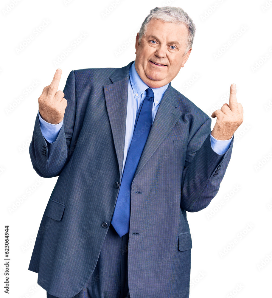 Senior grey-haired man wearing business jacket showing middle finger doing fuck you bad expression, provocation and rude attitude. screaming excited Senior grey-haired man wearing business jacket showing middle finger doing fuck you bad expression, provocation and rude attitude. screaming excited