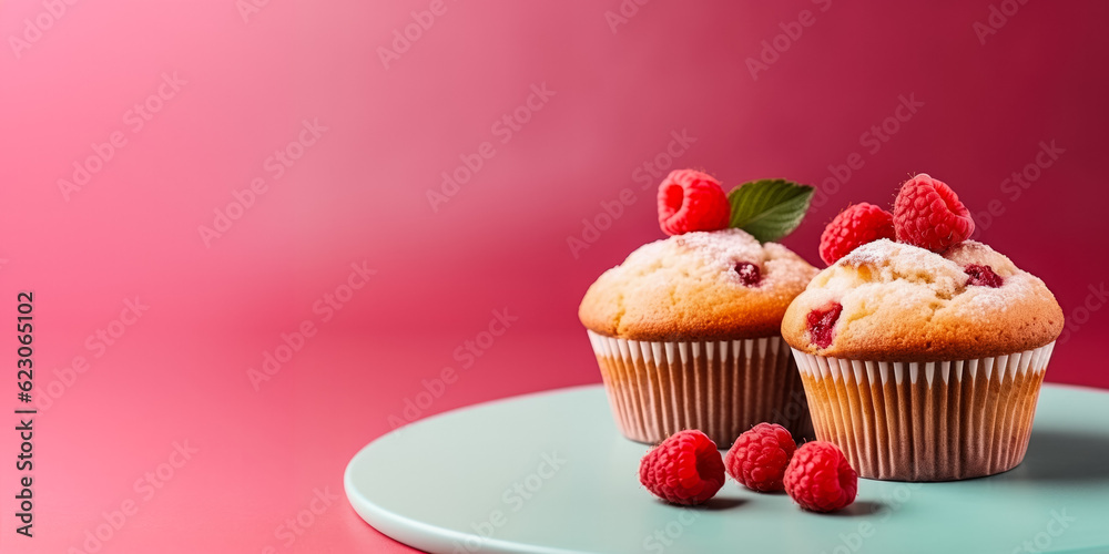 Muffins with raspberries and mint leaves on a pink background Muffins with raspberries and mint leaves on a pink background