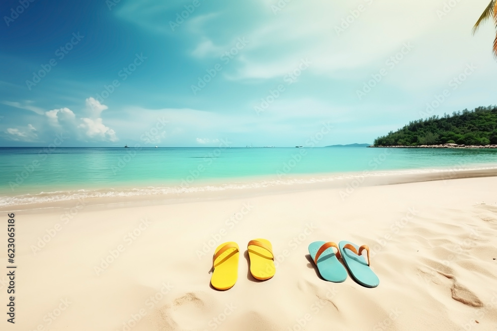 Slippers on the beach. Summer vacation background. Ai generated