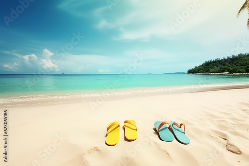 Slippers on the beach. Summer vacation background. Ai generated © Artem81