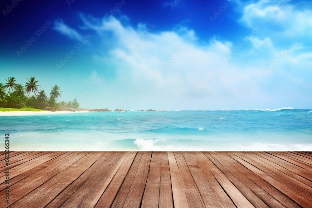 Fototapeta premium Top of wood table with seascape. Vacation background. Ai generated