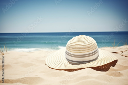 Straw hat on the beach close-up  summer background. Ai generated