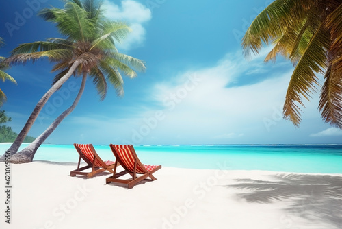 Sun loungers on the beach, summer vacation background. Ai generated