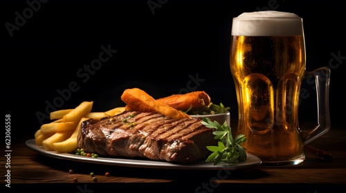 Beer glass with steak and french fries on dark background
