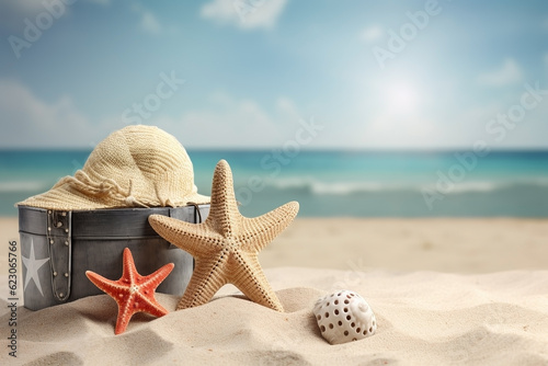 Summer beach landscape with starfish. Vacation background. Ai generated