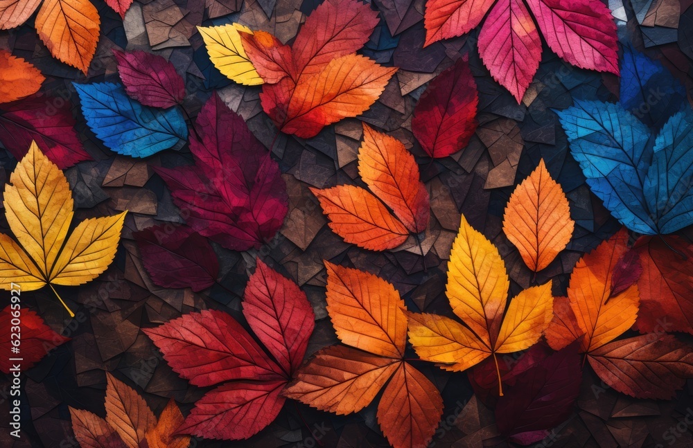 Colorful leaves lying on the ground background in the style of a color palette, perfect for autum. Creative AI