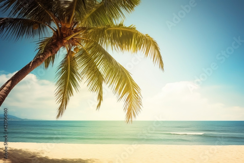 Sun lounger with umbrella on the beach, summer vacation background. Ai generated