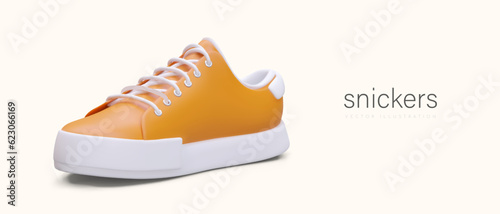 Colorful 3d shoes mock up. Advertising poster with place for text with sporty sneakers for store selling sporty shoes. Vector design in cartoon style in yellow color