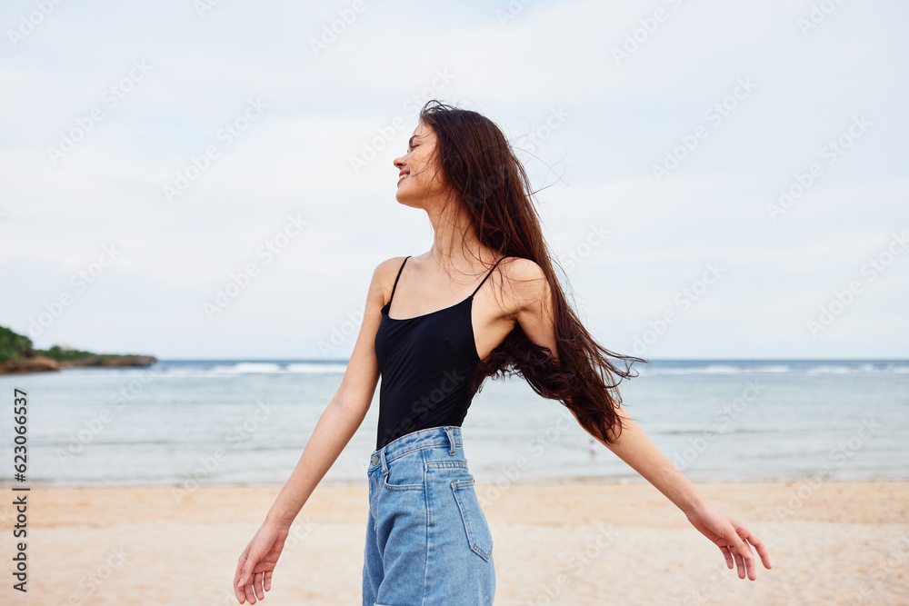 woman beach sea ocean nature young summer smile sand vacation long hair woman beach sea ocean nature young summer smile sand vacation long hair