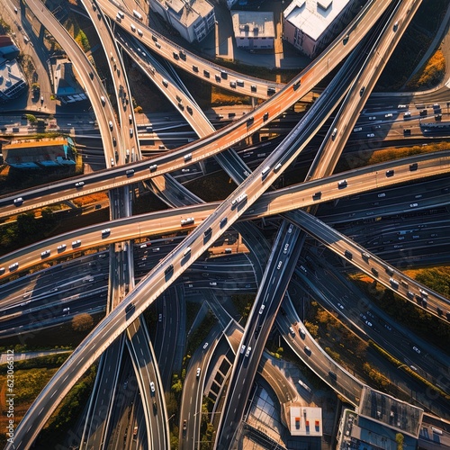A grid of criss-crossing highways, overpasses and ramps. Aerial shot. Great for stories about transportation, traffic, urbanism, congestion, self-driving cars and more. 