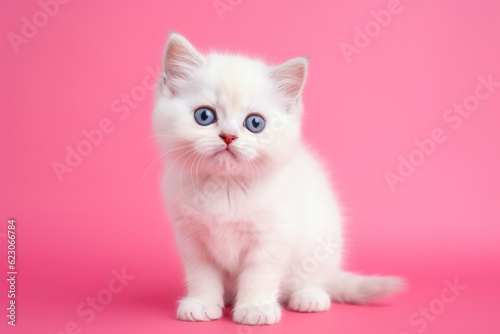 Small cute white fluffy kitten face portrait isolated on flat pink studio background with copy space. Generative AI professional photo imitation.
