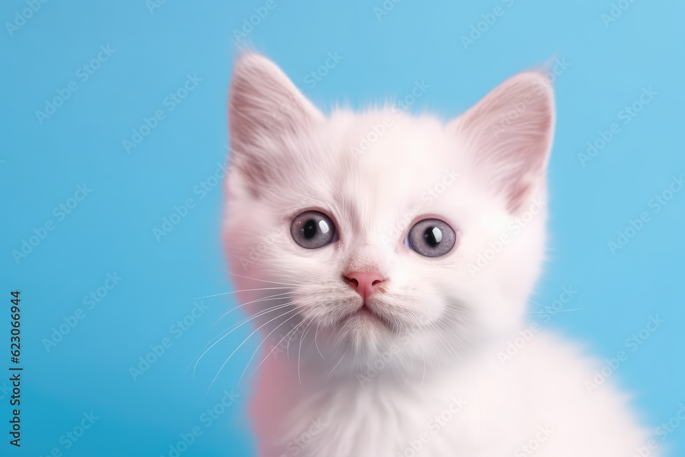 Small cute white fluffy kitten face portrait isolated on flat blue studio background with copy space. Generative AI professional photo imitation.
