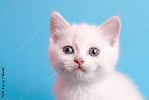 Small cute white fluffy kitten face portrait isolated on flat blue studio background with copy space. Generative AI professional photo imitation.