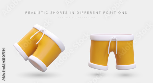 Cartoon realistic 3d shorts in different positions. Product for company selling clothes, shorts models for advertising poster. Vector illustration in yellow color