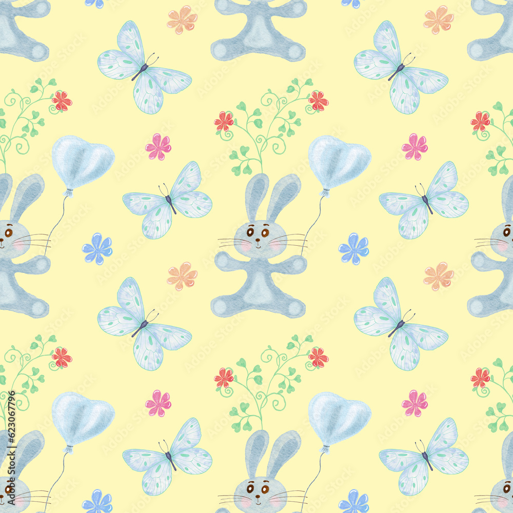 Watercolor pattern with Rabbit. Seamless Children's Pattern with Blue Rabbit and Butterfly in flowers. Design for textiles, wrapping and wallpaper.