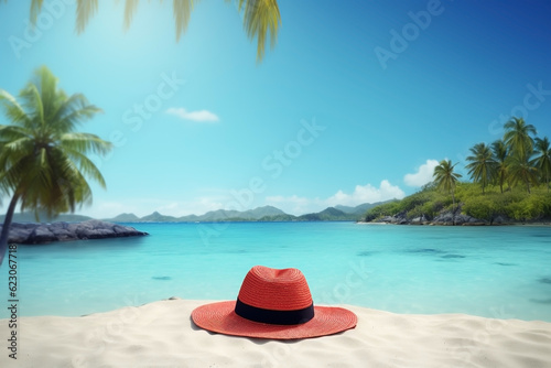 Straw hat on the beach close-up, summer background. Ai generated