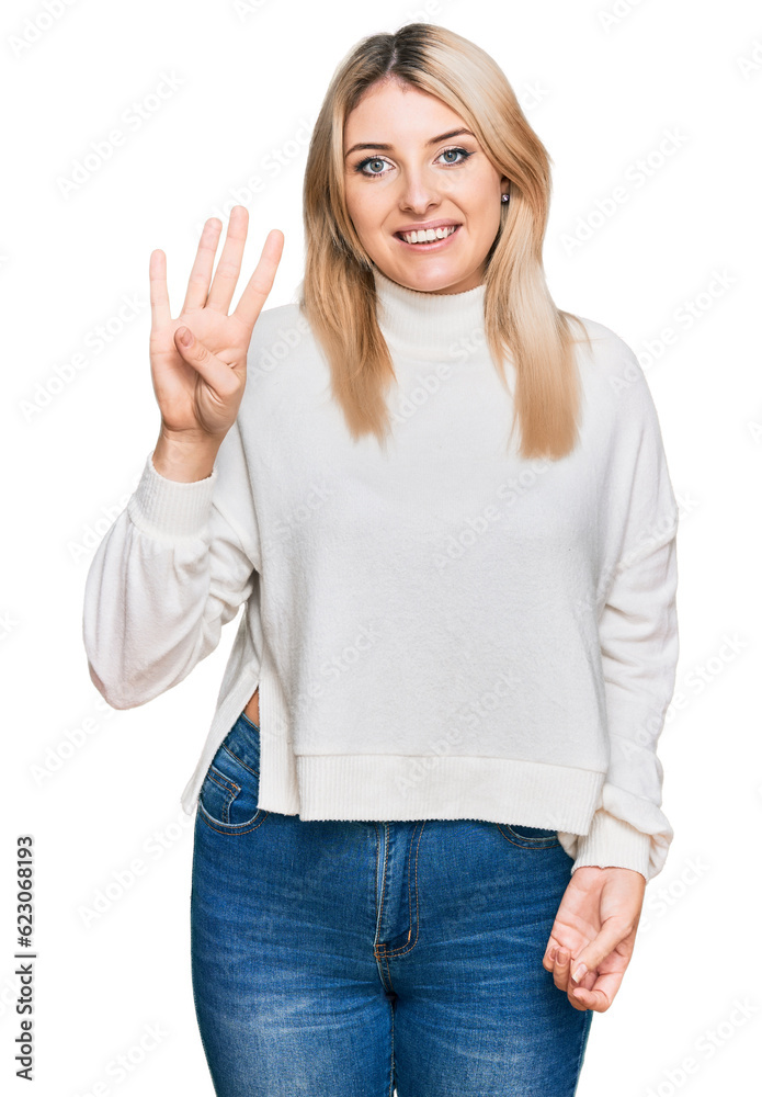 Young caucasian woman wearing casual winter sweater showing and pointing up with fingers number four while smiling confident and happy. Young caucasian woman wearing casual winter sweater showing and pointing up with fingers number four while smiling confident and happy.