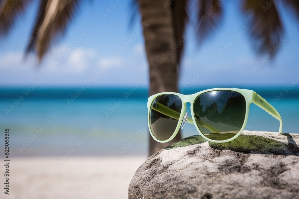 Sunglasses and beach landscape, summer vacation background. Ai generated Sunglasses and beach landscape, summer vacation background. Ai generated