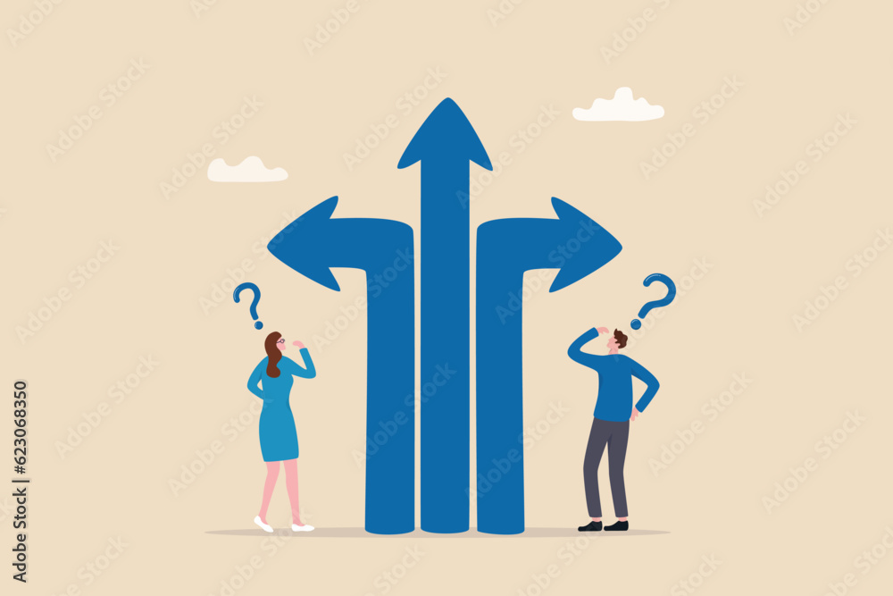 Direction choice, crossroad or decision for career path, choosing path way, challenge or opportunity doubt, determination or tough decision concept, business people thinking on difference career path. Direction choice, crossroad or decision for career path, choosing path way, challenge or opportunity doubt, determination or tough decision concept, business people thinking on difference career path.