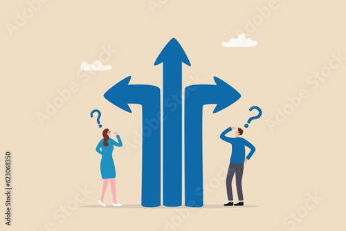 Direction choice, crossroad or decision for career path, choosing path way, challenge or opportunity doubt, determination or tough decision concept, business people thinking on difference career path.