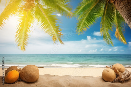 Beach landscape with palms and coconuts. Summer tropical background. Ai generated
