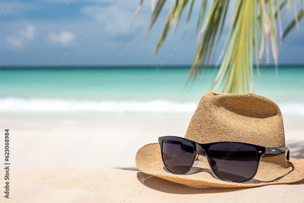 Straw hat with sunglasses on the beach close-up, summer background. Ai generated